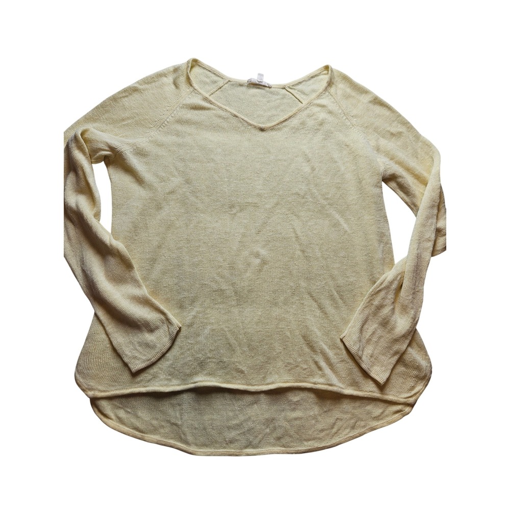 Eileen Fisher Pale Yellow 100% Linen V-Neck High-Low Sweater Small